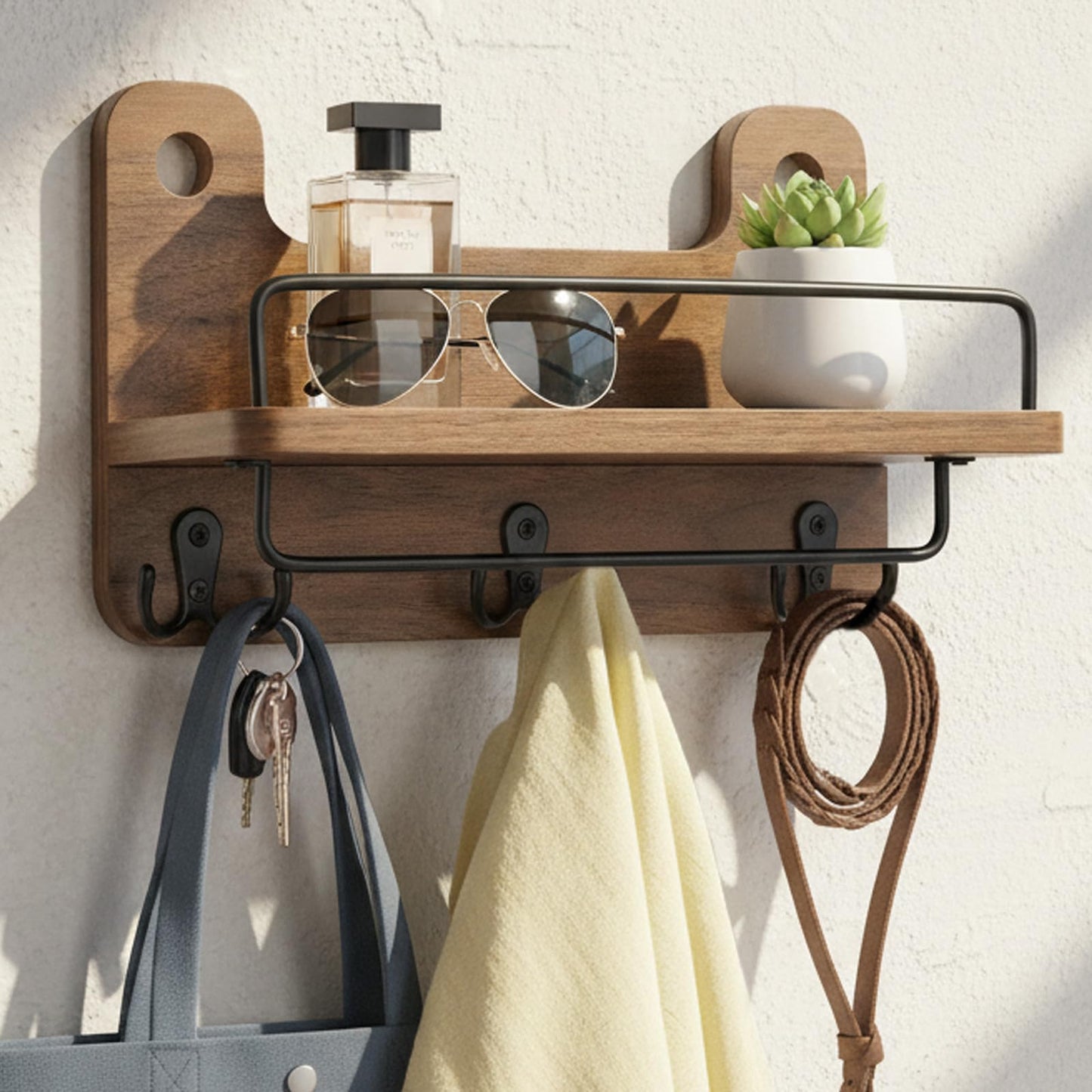 REFGY Key Holder for Wall with Shelf - 5.1" Deep Large Mail Organizer Wall Mount with 3 Heavy-Duty Dual Hooks & Safety Guardrail - Rustic Wood Wall Shelf for Entryway, Kitchen, Office