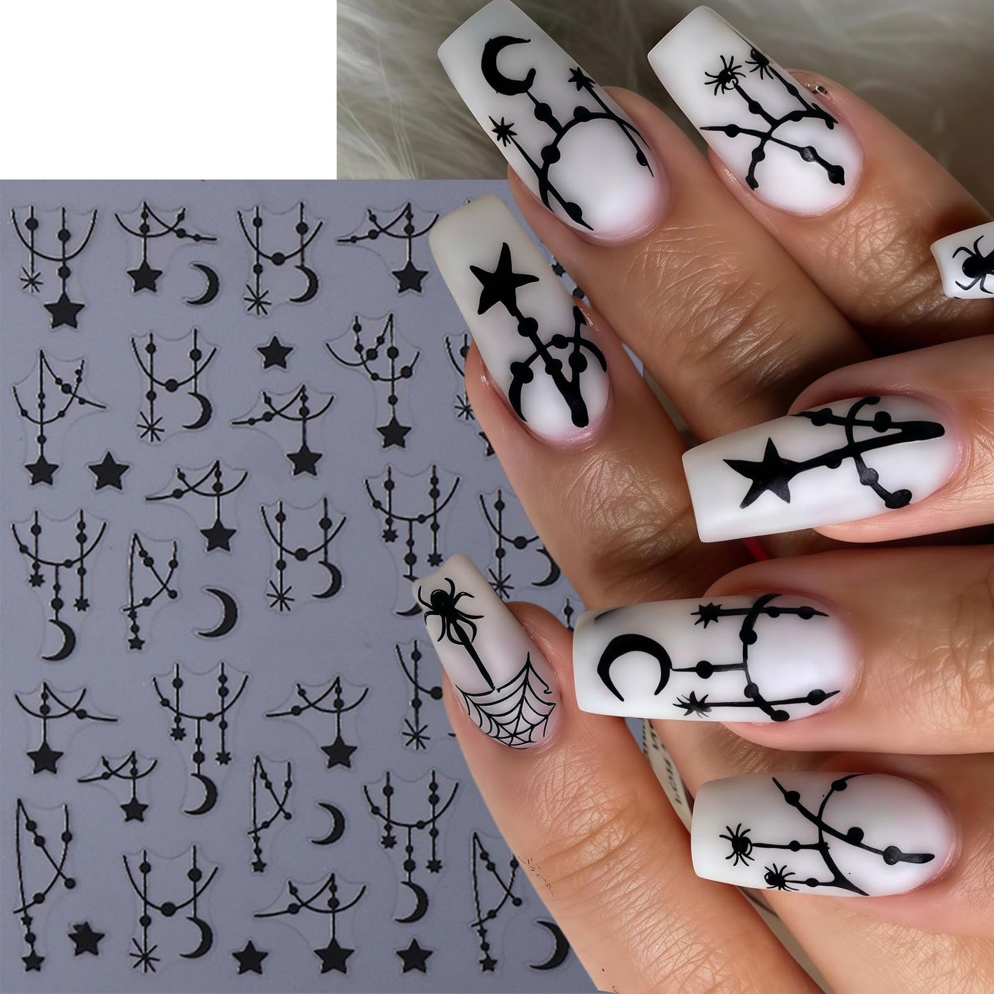 6Sheets Black Silver Line Nail Art Stickers 3D Self-Adhesive Stars Moon Nail Design Decals Y2K Style Nails Supplies Retro Line Moon Star Manicure Accessories for Women Acrylic Nails Salon Decorations