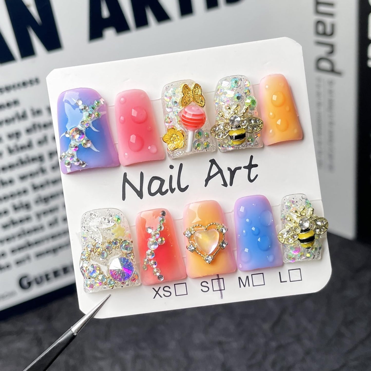 Gradient Press on Nails Luxury Handmade Fake Nail 3D Lollipop & Rhinetone Bee Design False Nails with Designs Heart Flower Press on Nails Muti-Layer Gel Thick Acrylic Nail for Women (Size M)