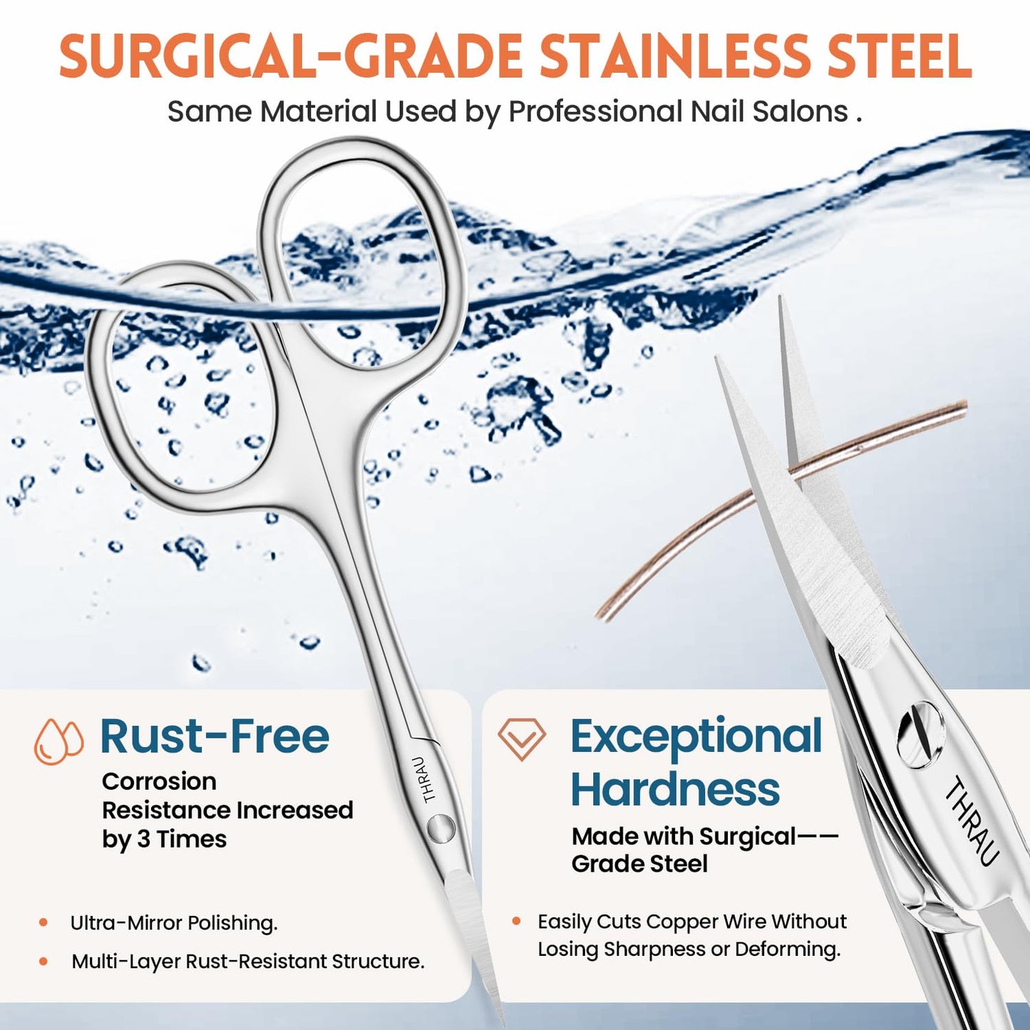 THRAU Left-Handed Cuticle Scissors – Surgical Grade Stainless Steel with Sharp Curved Tip for Cuticles, Nails, Eyebrows, Eyelashes, Nose Hair & Beard – Ideal for Manicure & Precise Grooming
