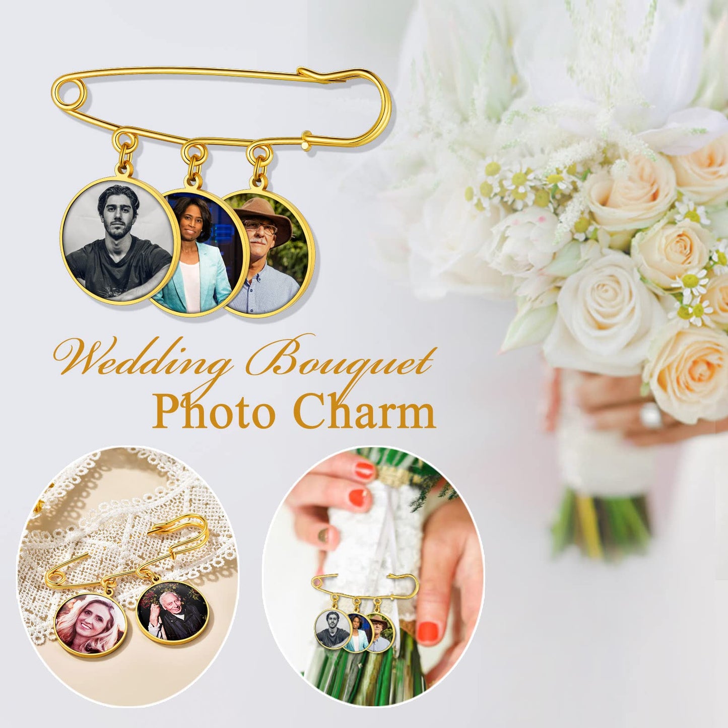Custom4U Wedding Charms for Bouquet Custom 3 Picutres Customized Photo Pins Round Shaped Memory Charm Funeral Boutonniere