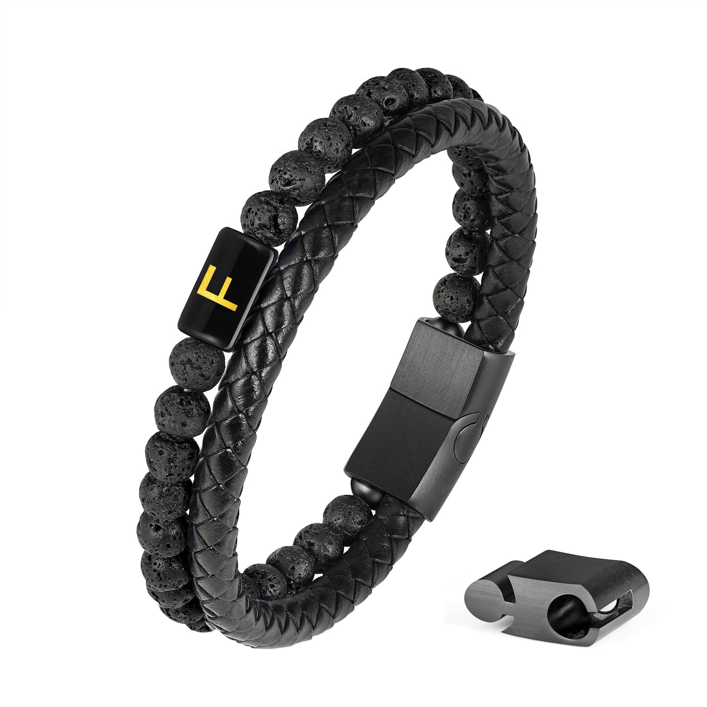 Initial Beaded Bracelet for Men with Lava Rock Beads and Leather