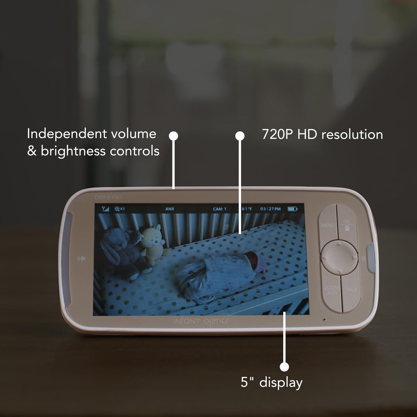 Infant Optics DXR-8 PRO - Patented Active Noise Reduction (ANR), 5” HD Video Baby Monitor with 1 Camera, No WiFi, Hack-Proof,Pan Tilt Zoom, Interchangeable Lens