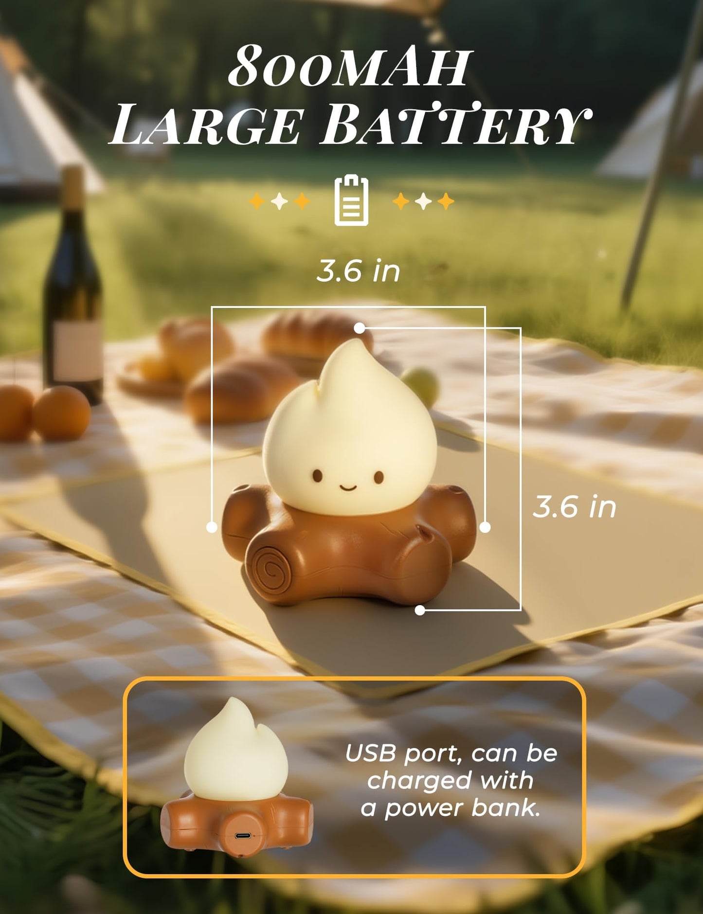 BANDIANCY Chibi Campfire Night Light, Silicone, LED Flickering Flame Lights, Dimmable, Rechargeable Bedside Nightlight, Anime Kawaii Lamp Décor