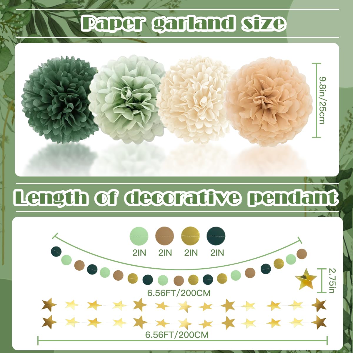 Boho Paper Decorations Set, Sage Green Party Decorations Set, Boho Neutral Baby Shower Decor, Paper Pom Poms Lanterns Honeycomb Balls Hanging Star Garland for Birthday Baby Shower Wedding Tea Party