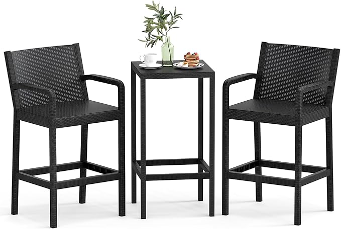 COSTWAY 3 Pieces Patio Bar Set, Modern Outdoor Bistro Set with 2 Chairs and 1 Square Bar Table, Curved Backrest and Armrests, Metal Frame, for Garden, Balcony, Poolside, Black