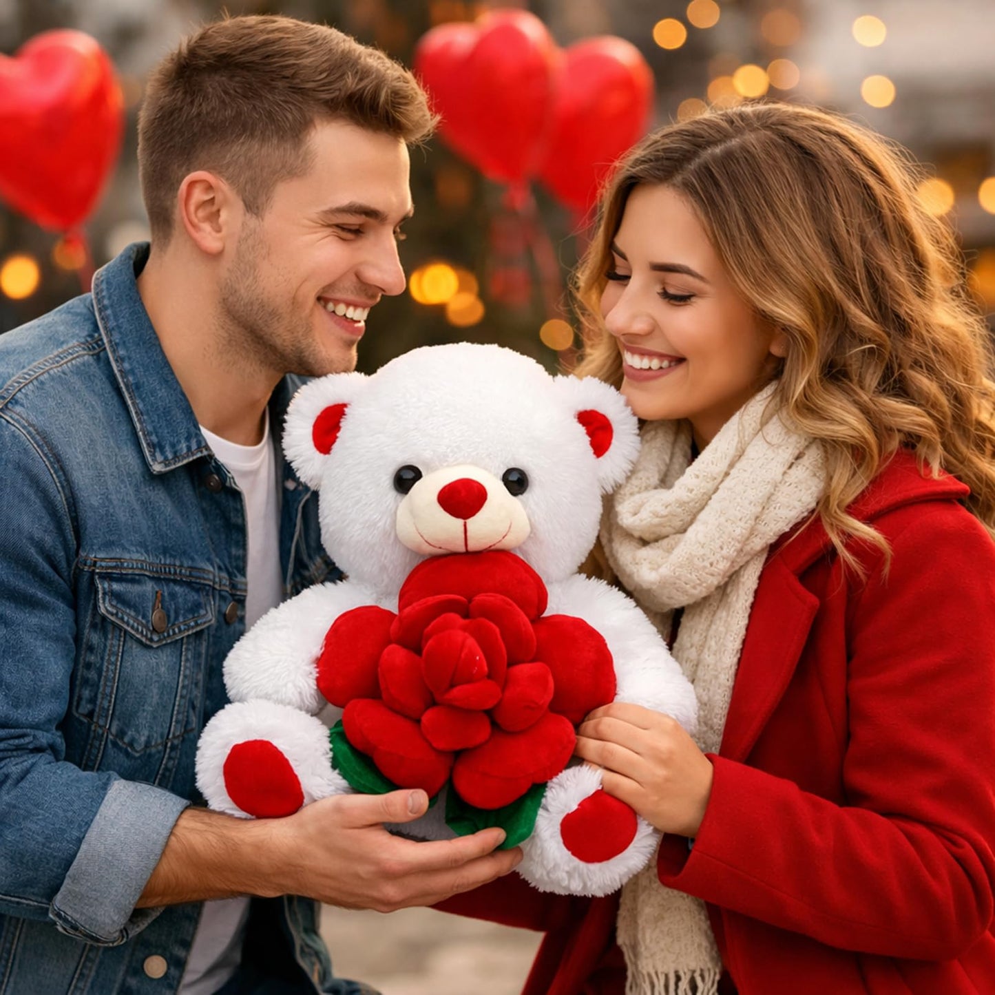 BEJOY Teddy Bear Stuffed Animals Plush Bear Holding Rose Soft Plush Toy Gifts 16 inches White