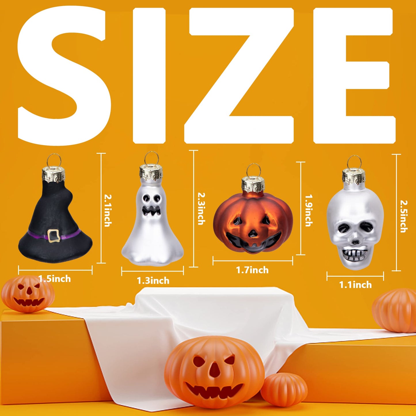 Watayo 12 PCS Halloween Glass Ornaments, Halloween Decorations Glass Blown Ornaments with Pumpkin Ghost Skull Witch Hat for Haunted House Party Christmas Tree Home Decoration