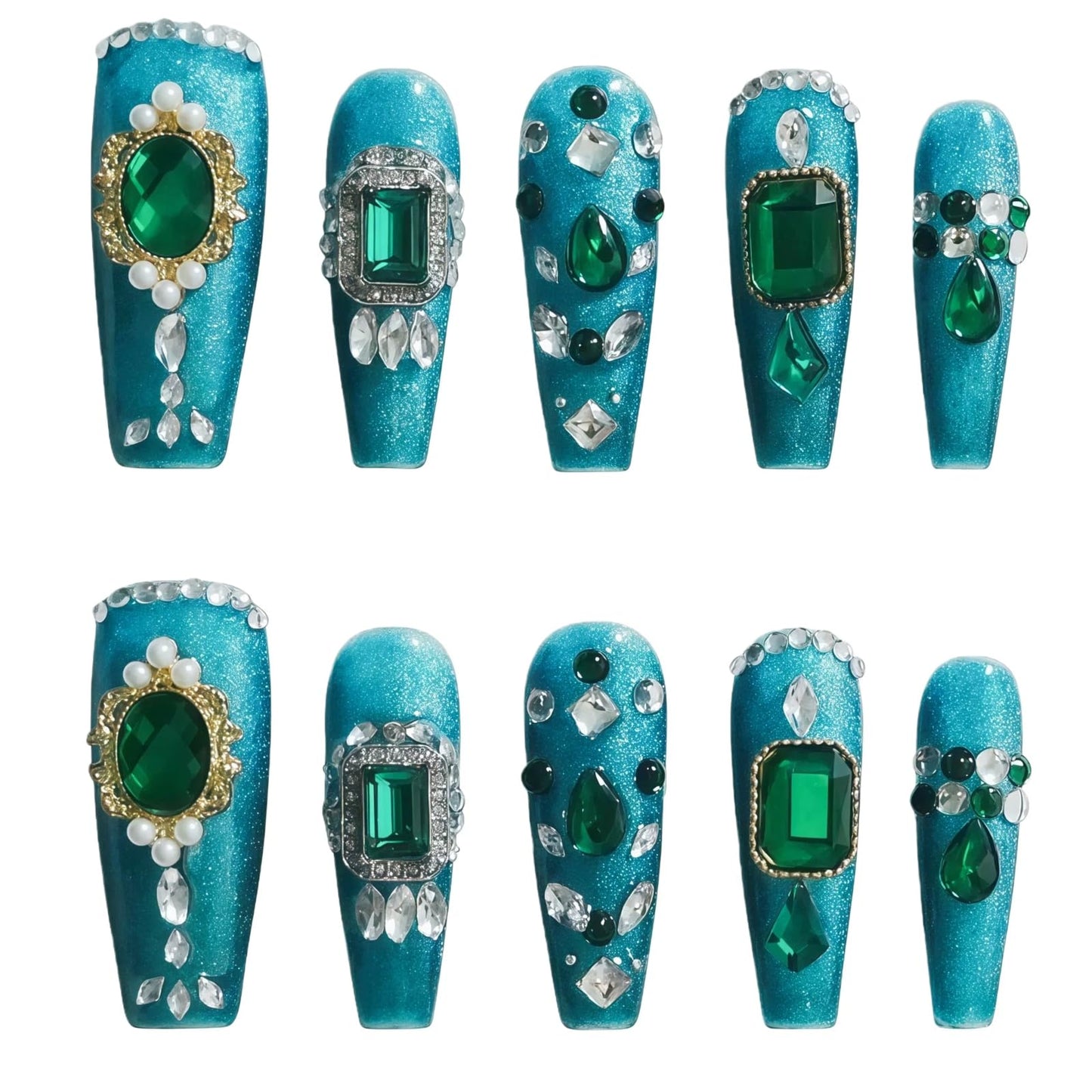 Tesytto Handmade Emerald Green Press on Nails with 3D Luxury Crystals - Long Coffin Fake Nails for Wedding Prom, Reusable Salon Quality Stick on Nails(Emerald Green Sparkle,M)