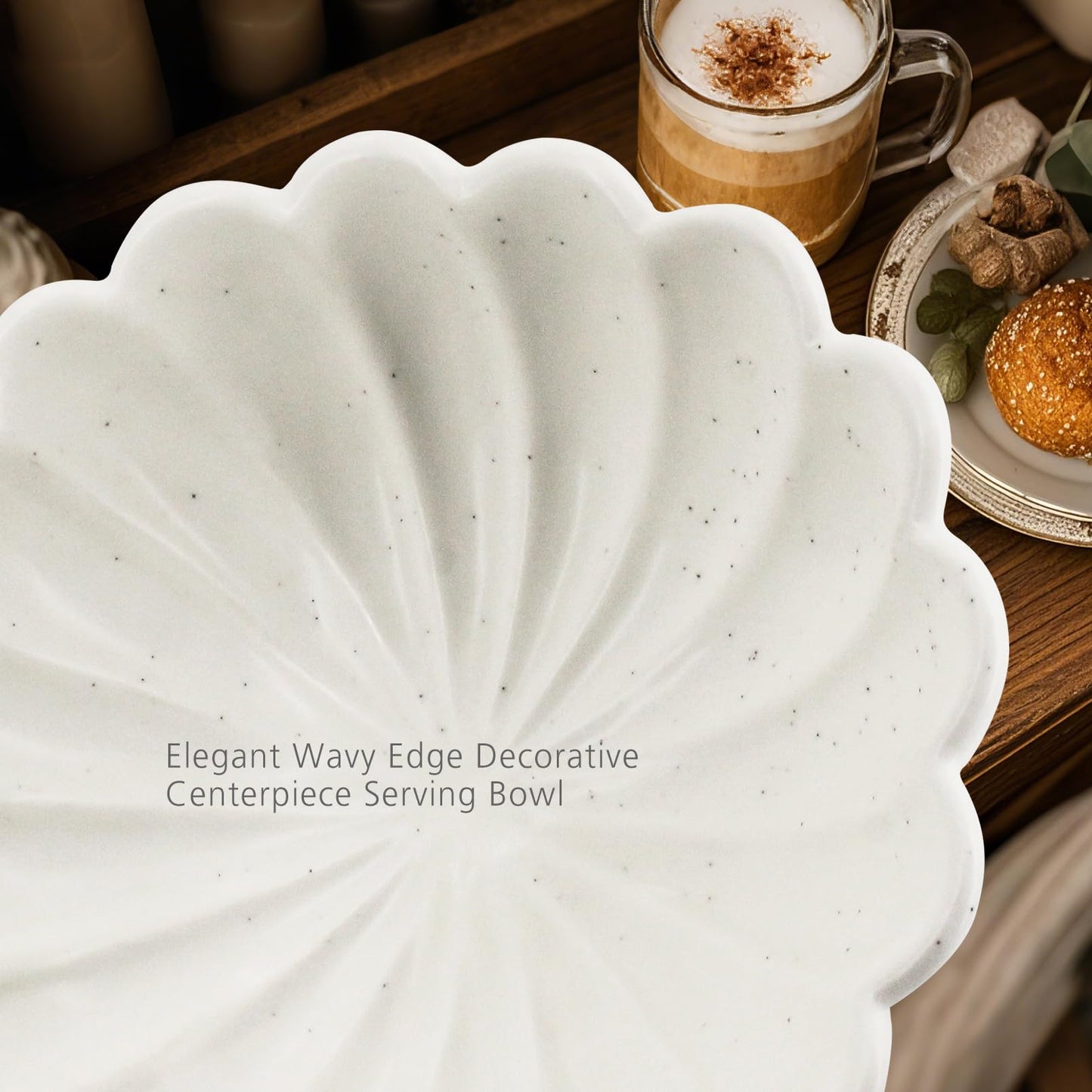 Large Fruit Bowl for Kitchen Counter-10.6" White Ceramic Fluted Scalloped Decorative Footed Bowl -Elegant Pedestal Display Bowls for Entryway Table, Perfect for Housewarming &Wedding Gift
