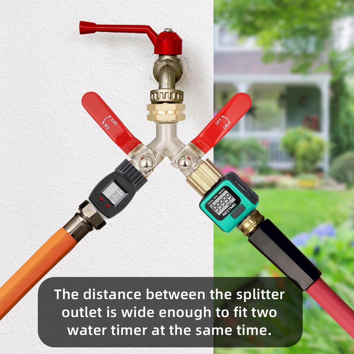 DINGBAI Hose Splitter 2 Way, High Flow Garden Hose Splitter, 3/4” Ght Inlet Brass Heavy Duty Hose Converter, Full Flow water 2 Way Faucet hose splitter, Long Handle Hose Valve Large Outlet.