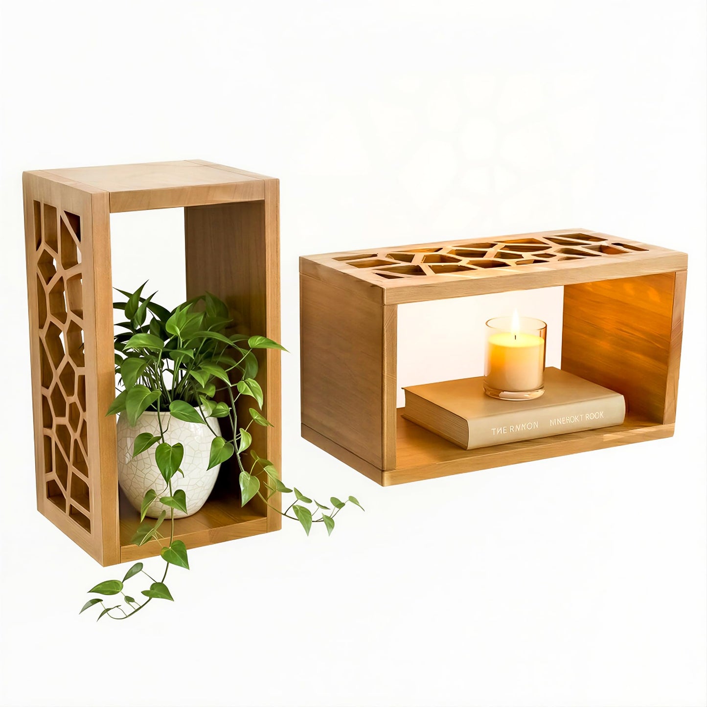 Solid Wood Floating Cube Shelves, Set of 2 - Italian-Designed Wall Box Shelves with Carved Organic Cut-Out, Unique Wall Decor for Bathroom, Bedrom, & Living Room | TAVOLINI
