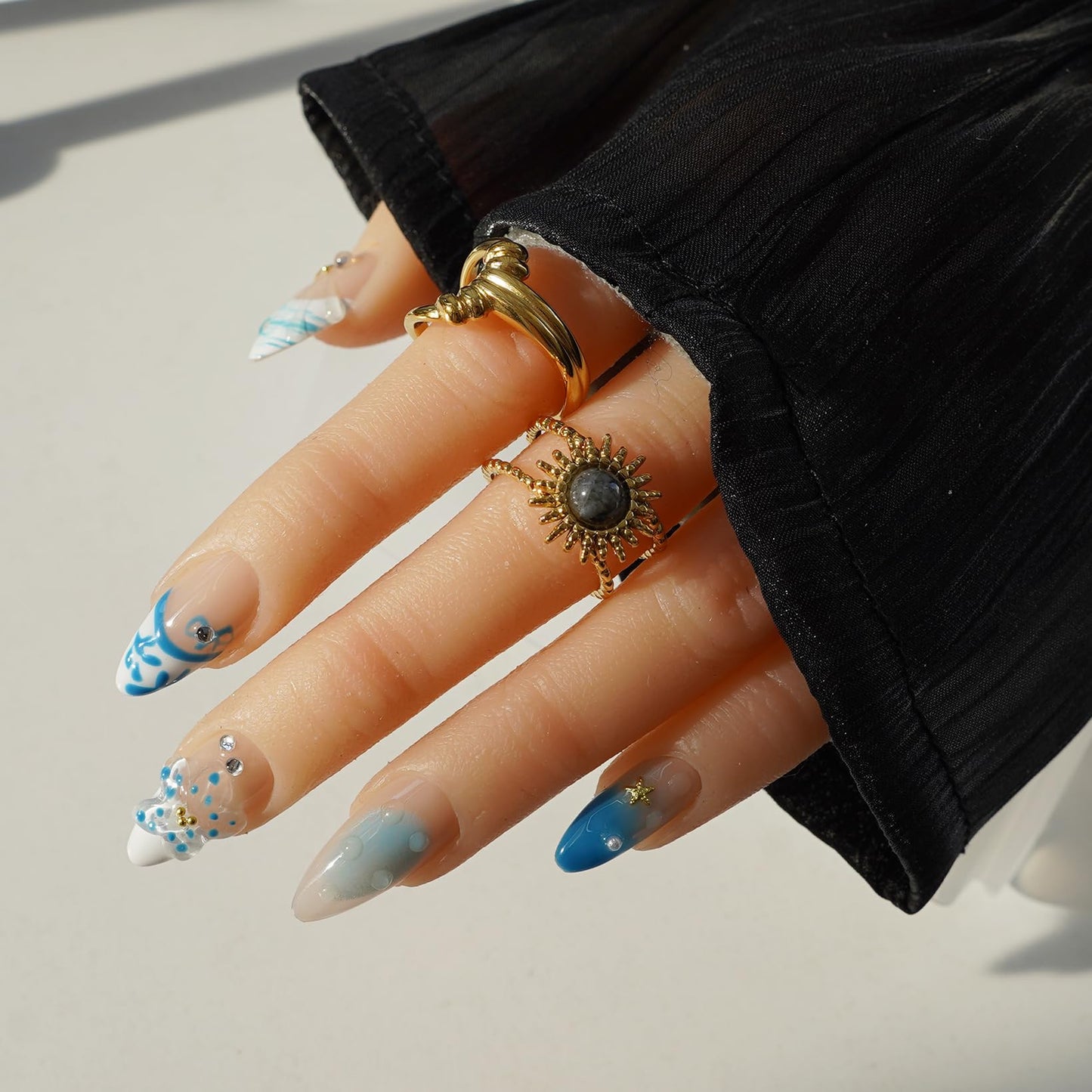 Handmade Press on Nails for Women - Medium Almond 3D Thick Acrylic Reusable Fake Nails with Designs Summer Floral Boho Funky Tropical Cute Nail-art Set 10pcs,blue-floral,S