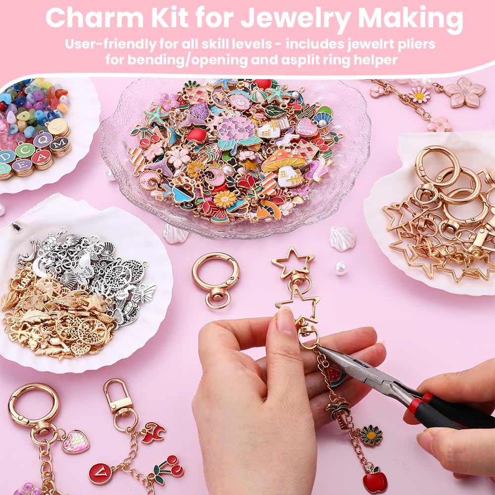 JOICEE 585Pcs Charms lip Gloss Keychain Making Kit, DIY Jewelry Crafts Making Kit with 192 Enamel Pendants 30 KeyChain Hooks 30 Chains and 333 Accessories Tools for Girls Adults Birthday Holiday Gifts