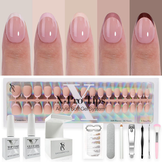 SXC Cosmetics French Tip Press On Nails - Skin Tone Nude and Color Series, XS Almond X-Pro Tips Starter Kit ST118KIT