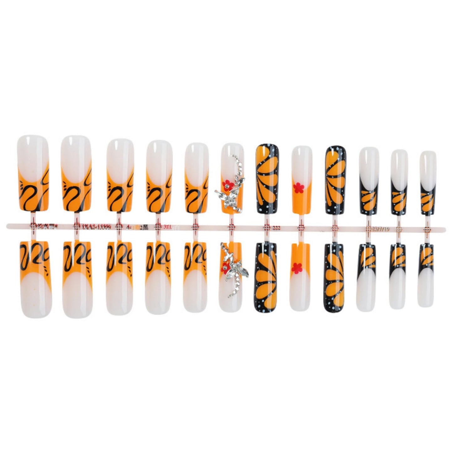 Long Press on Nails Square Fake Nails Orange Acrylic Nail Press Ons Seeneey Black Butterfly and Silver Charm Designs Flowers Stick on Nail for Women 24pcs