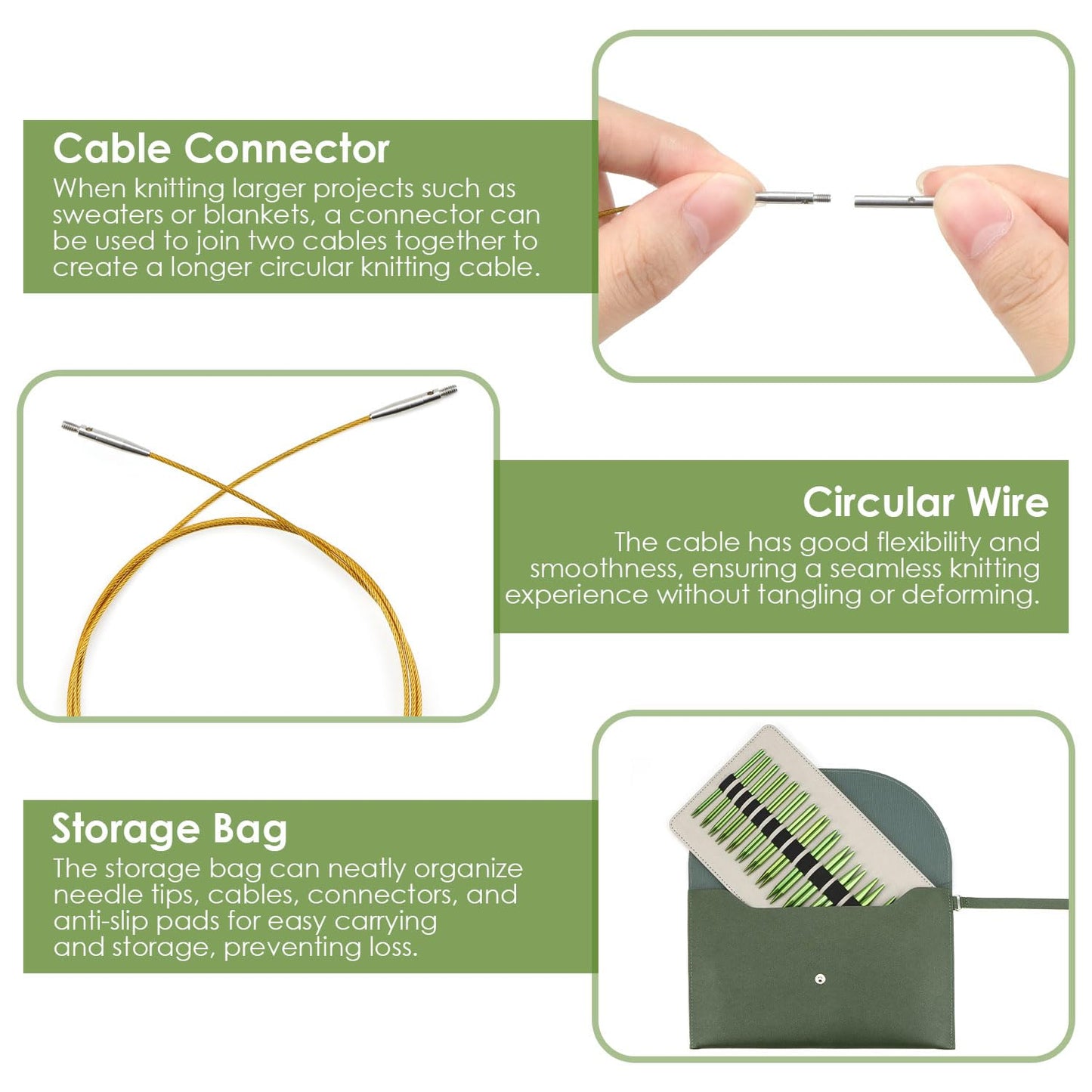 Interchangeable Circular Knitting Needles Set Premium Aluminum Knitting Kit 13 Pairs of 4 Inch with 4 Cables, Accessories and Storage Bag Green