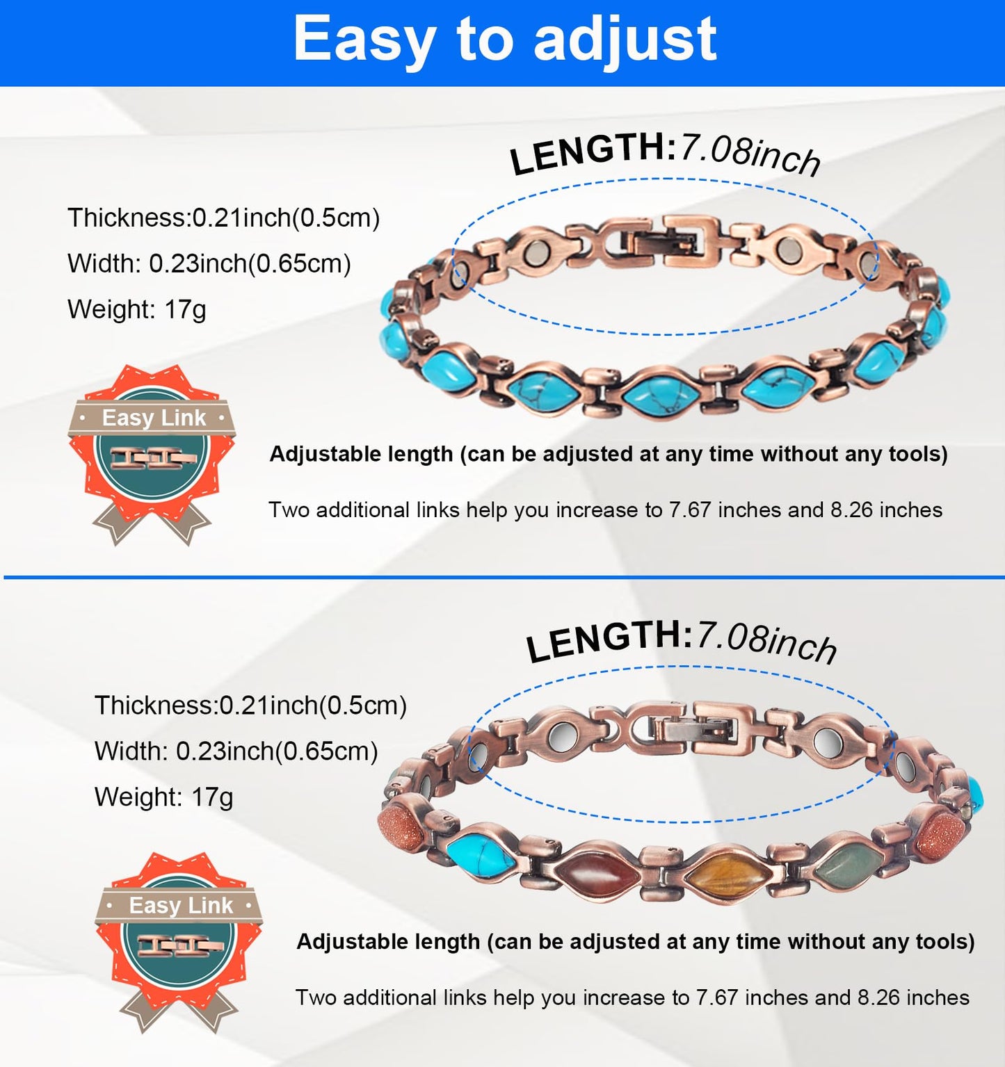 EnerMagiX Copper Bracelets for Women, 2PC Suit Color Turquoise Magnetic Bracelets, Copper Jewelry Gifts
