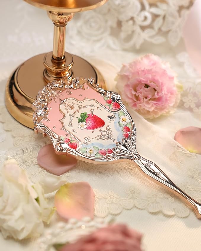 Flower Knows Strawberry Rococo Hand Mirror,Vintage Portable Handheld Mirror,Fancy & Pretty Princess Mirror with Long Handle,Gift for Girls(Soft Pink)