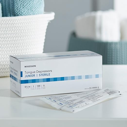 McKesson Tongue Depressors [100 Count] Junior Size, Sterile, Individually Wrapped, Wood, Unflavored, Splinter-Free, 5.5 in – Use for Medical, Arts, Crafts, Spa