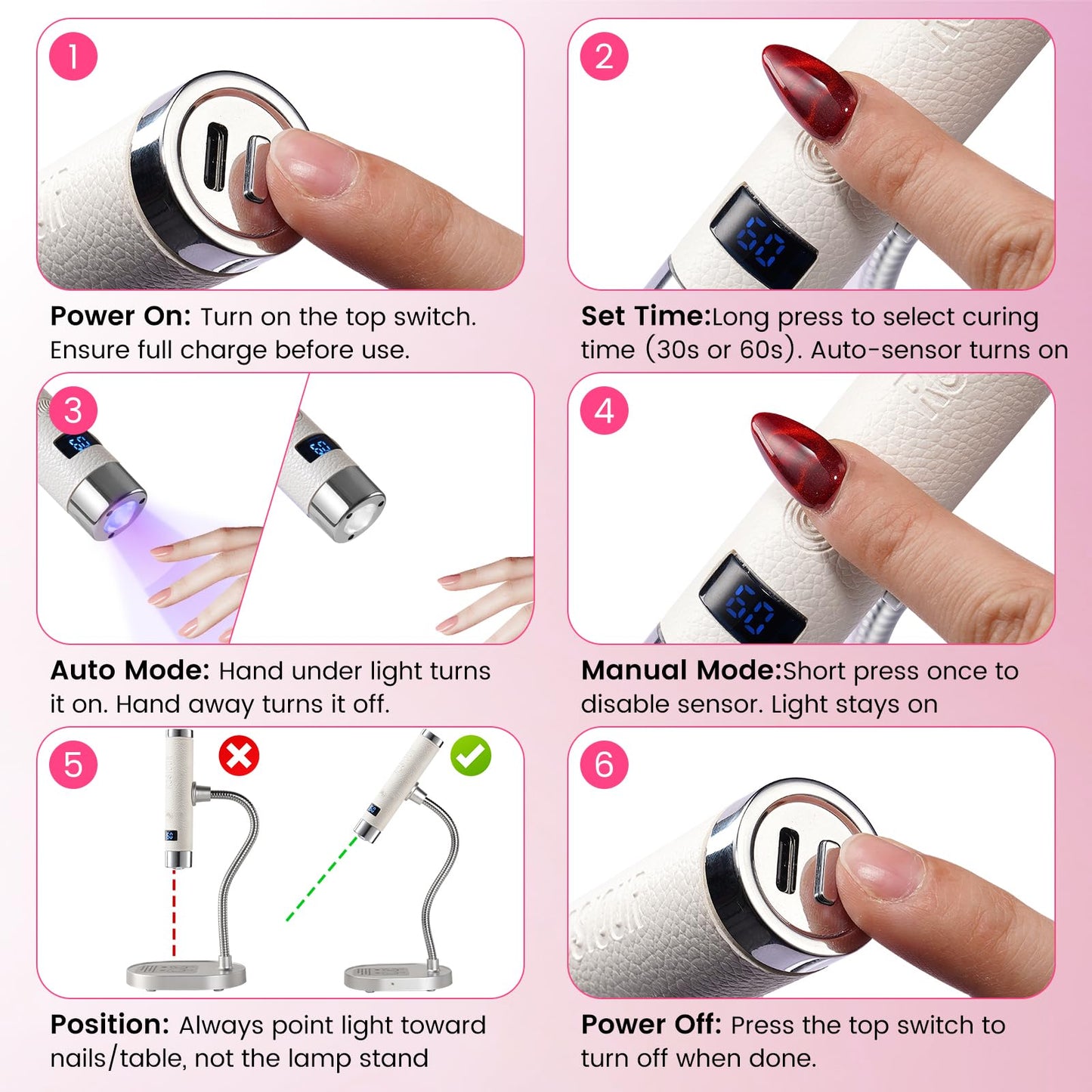 Rosiour Mini U/V Lamp for Gel Nails- Rechargeable Handheld Nail U V Led Curing Light with Stand- Flash Cure Fast Dry U/V Lamp with Auto Sensor for Home Manicure and Salon (Pink)