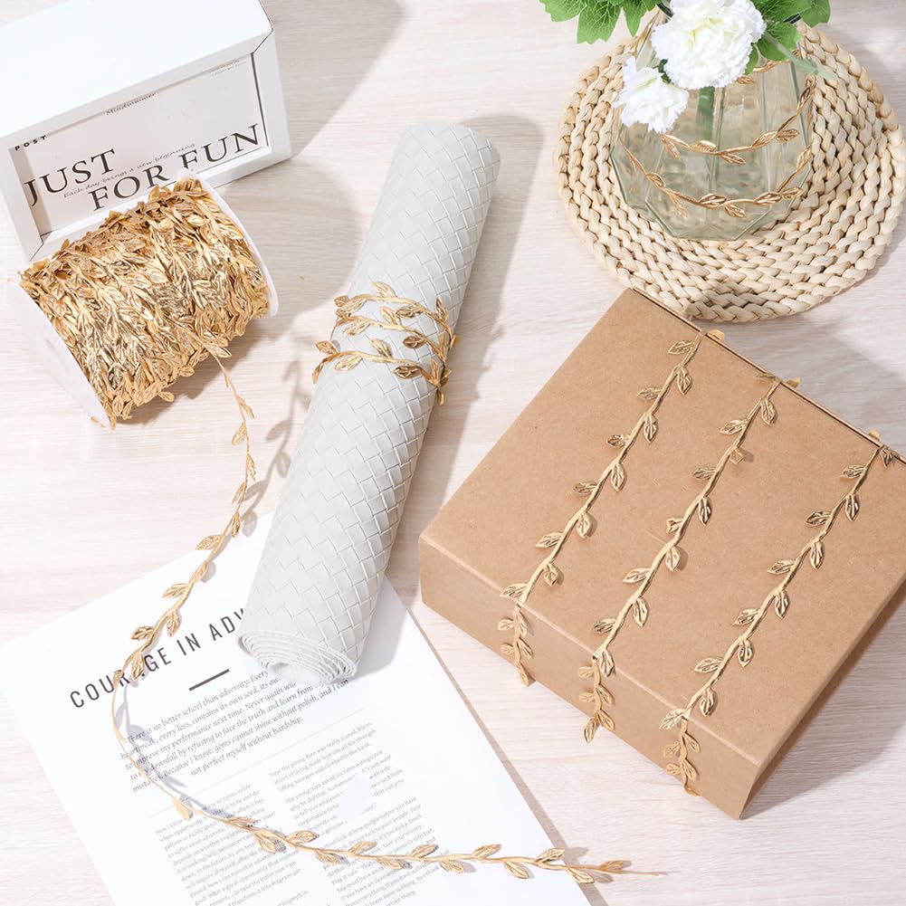 CABODYALS 100 Yards Gold Leaves Trim Rope Ribbon Artificial Metallic Glitter Golden Leaf String Vine Spool Decorative Garland Fabric Ribbons Bulk for Sewing Making Gift Wrapping Wreaths Wedding Crafts