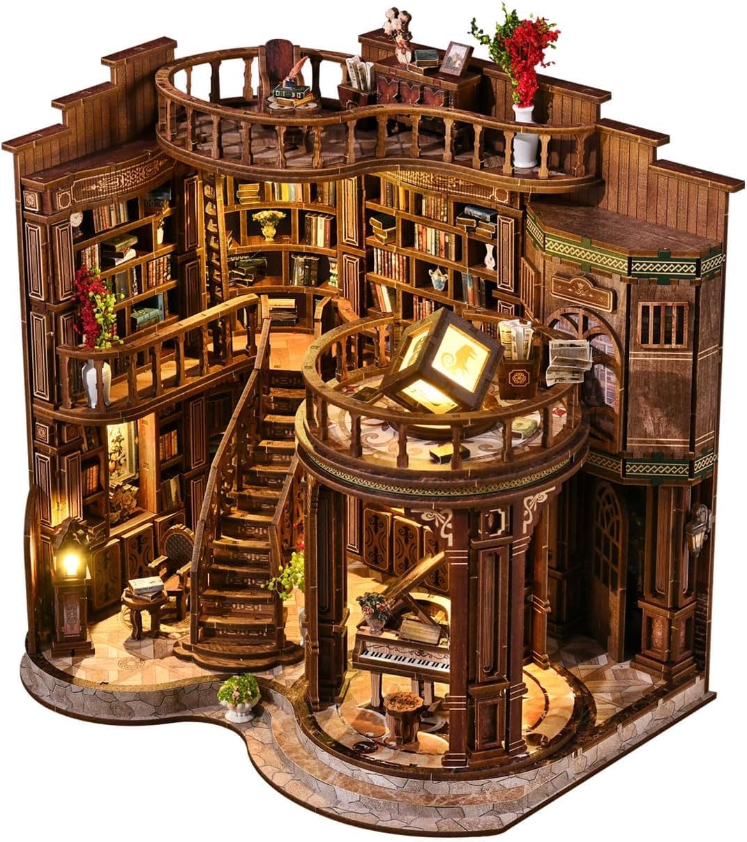 DIY Book Nook Kit, 3D Wooden Puzzle Miniature Booknook Bookend Bookshelf Decor with LED Light,Cherry Blossom Bookstore Bookshelf Insert Booknook, Book Nook Kits for Adults