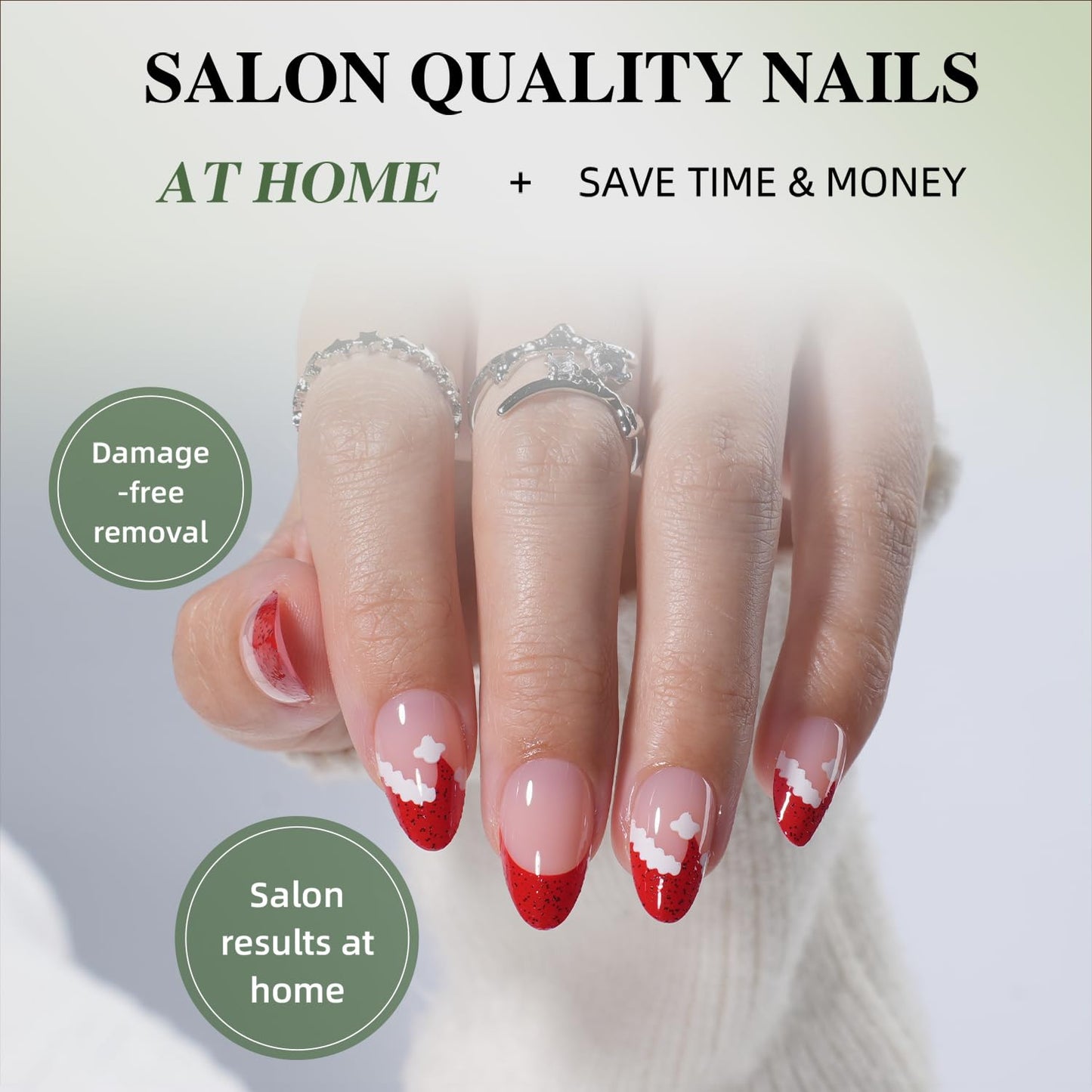 Christmas Press On Nails - Candycap Short Almond Fake Nails, Red French Tip Press On Nails Reusable Stick On Nails in 16 Sizes, 32pcs False Nail Kit for Women & Girls