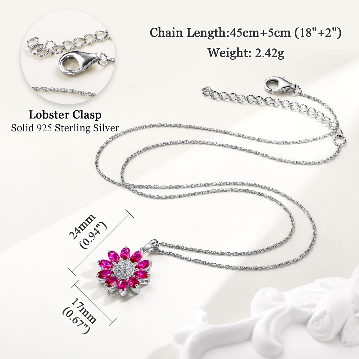 RANDES July Birthstone Necklace Ruby Sunflower Necklaces for Women 925 Sterling Silver Dainty Red Stone Pendant Necklace