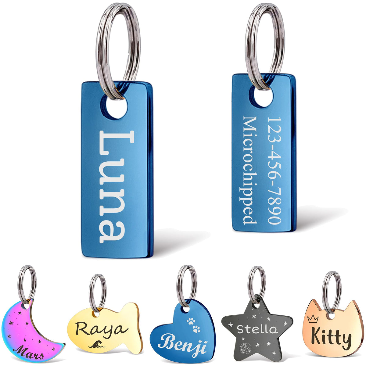 Anavia Small Size Dog Cat ID Tags, Small/XS Personalized Color Plated Stainless Steel Puppy Kitten Name Tags, Customized Engraved Nameplate Pet Collar Tag (Blue, Star)