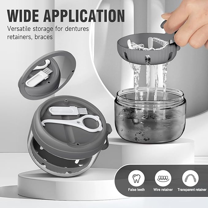 Denture Bath Box Cup, Leak Proof Denture Cup Kit Portable Retainer Case for Travel, Denture Case Cleaning Care for Dentures Aligner Mouth Guard with Denture Brush,Strainer, Removal Tool and Mirror