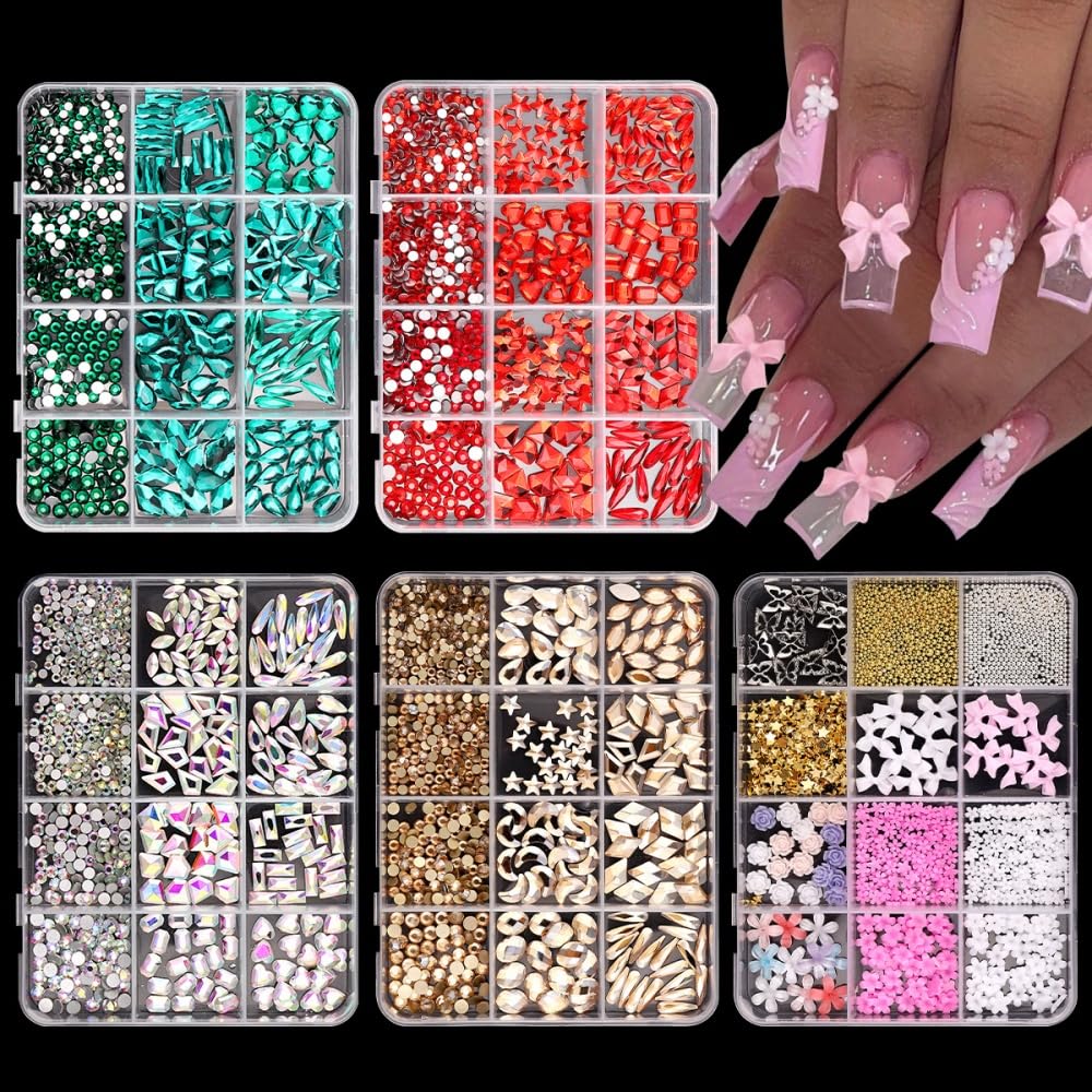Laser Silver Nail Gems AB Crystal White Nail Charms Flatback Nail Jewels 3D Multi Shape Size Stones Diamonds Nail Rhinestones Clear Iridescent Beads Gems for Nails Faces Eyes Makeup Crafts 12Grid
