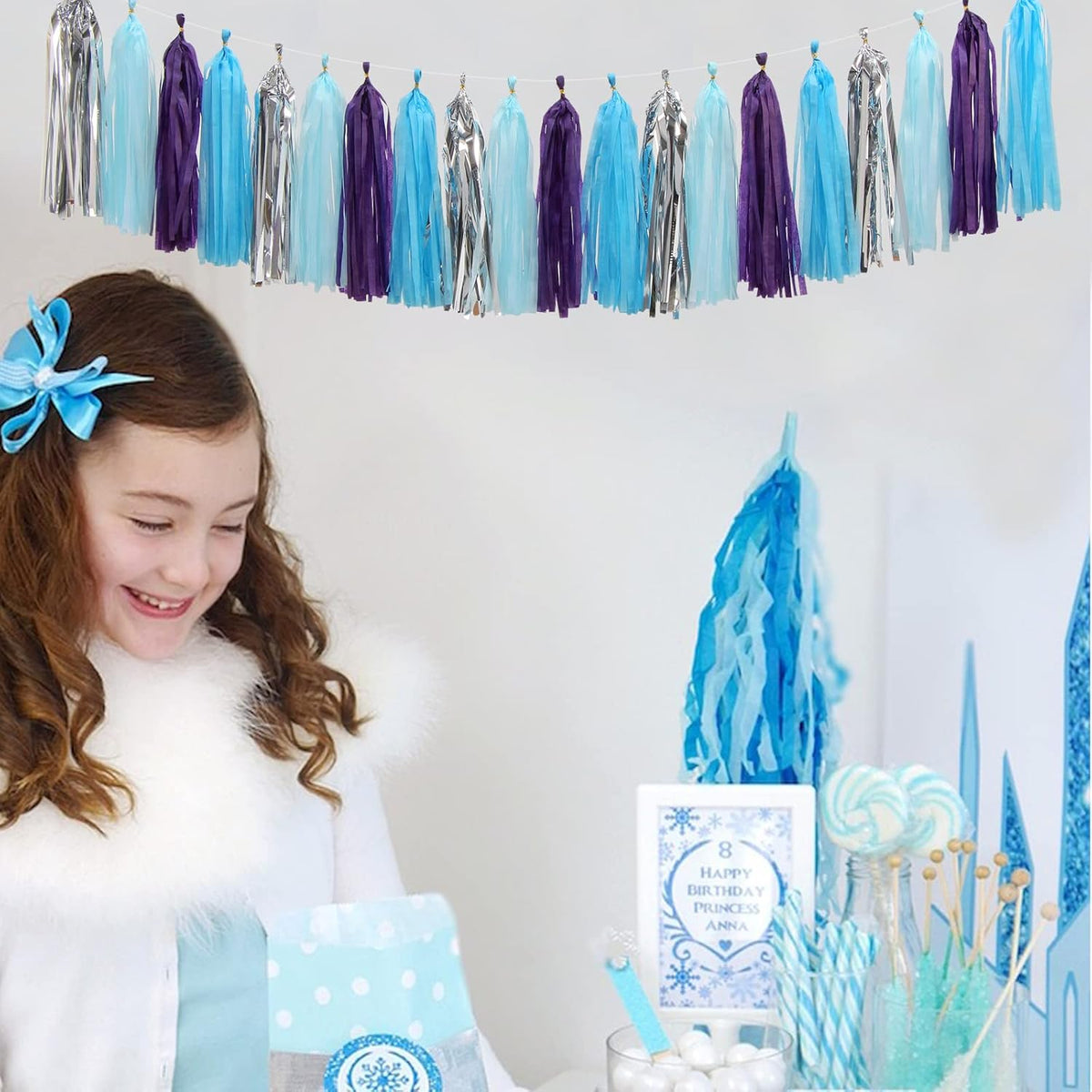 Purple-Blue Silver Frozen Party-Decorations Tassel-Garland -20pcs Winter Girl Birthday New Year Christmas Tassels Banner Streamers Wonderland Mermaid Baby Shower Wedding Supplies Party Decor Panduola