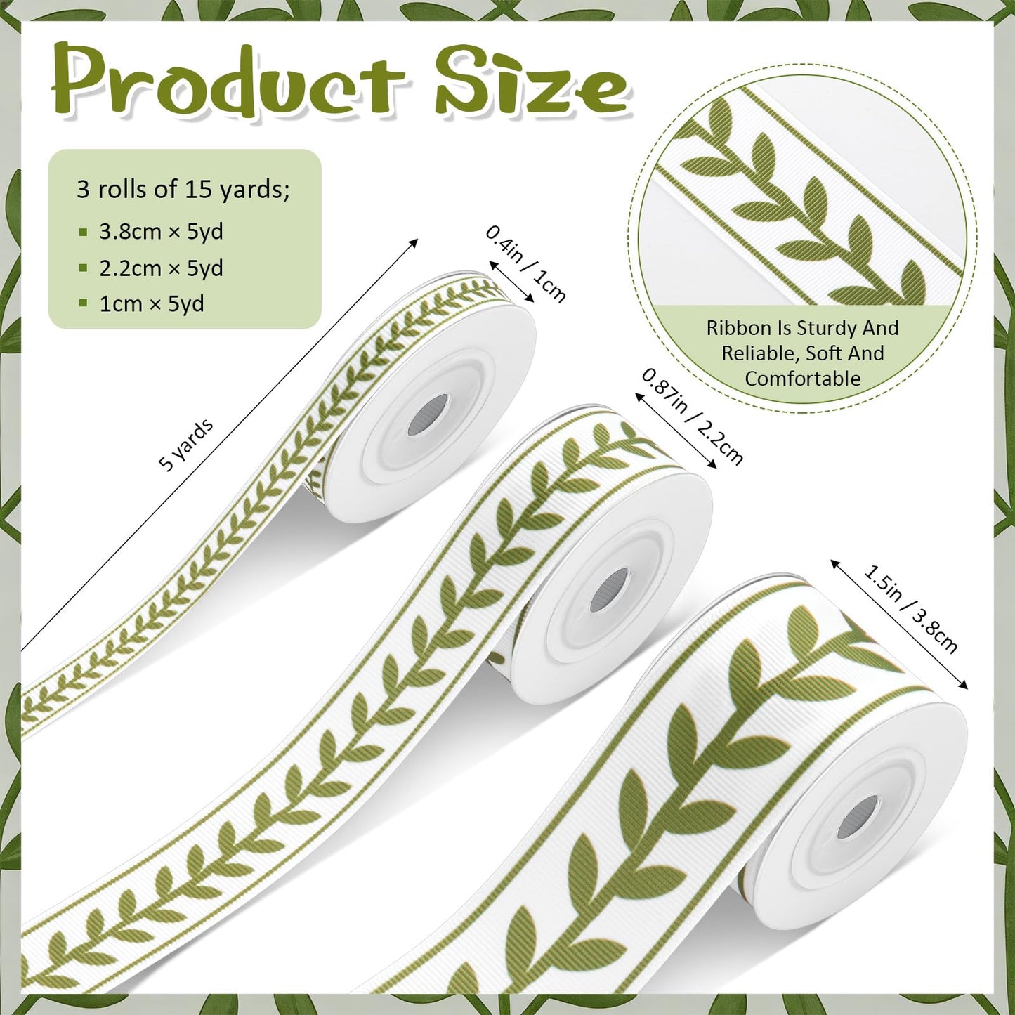 Cunno 3 Rolls Leaf Ribbon Decorating Material White Green Jacquard Ribbon Party Accessory for Curtain Home Decor Sewing DIY Gift Wrapping Crafts, 0.4, 0.87, 1.5 Inch Wide, 15 Yard