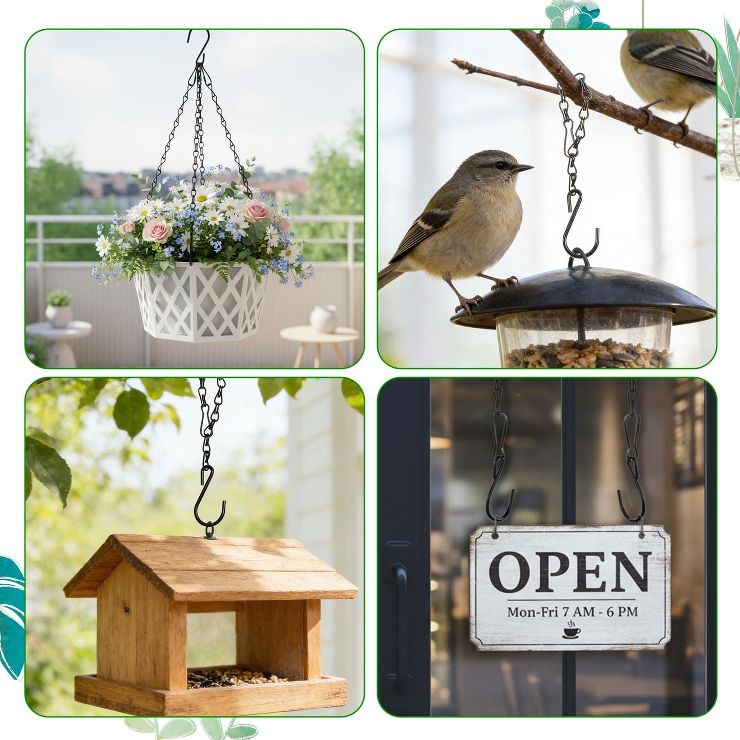 4 Pcs Chain for Hanging Plants, 10 Inch Plant Chains with Hooks, Black Adjustable Hanging Chain for Planters, Baskets, Bird Feeder, Birdbaths