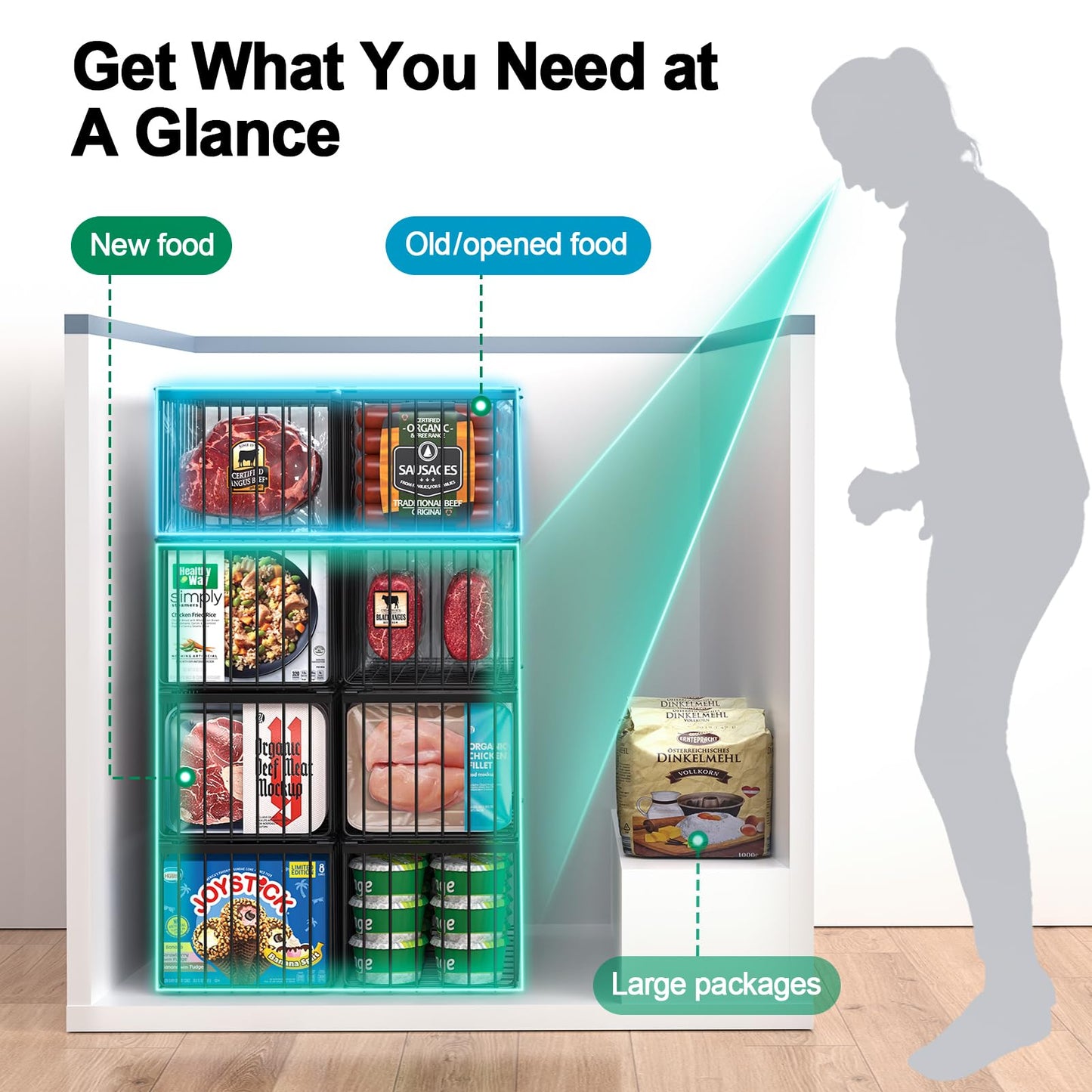 MSERCUOR Freezer Organizer Bins, 4 Pack Stackable Deep Chest Freezer Organizer Bins, Foldable Baskets with Handles, Black Storage Container Baskets for 5/ 7 Cu.FT Deep Freezer Sort Frozen Meats
