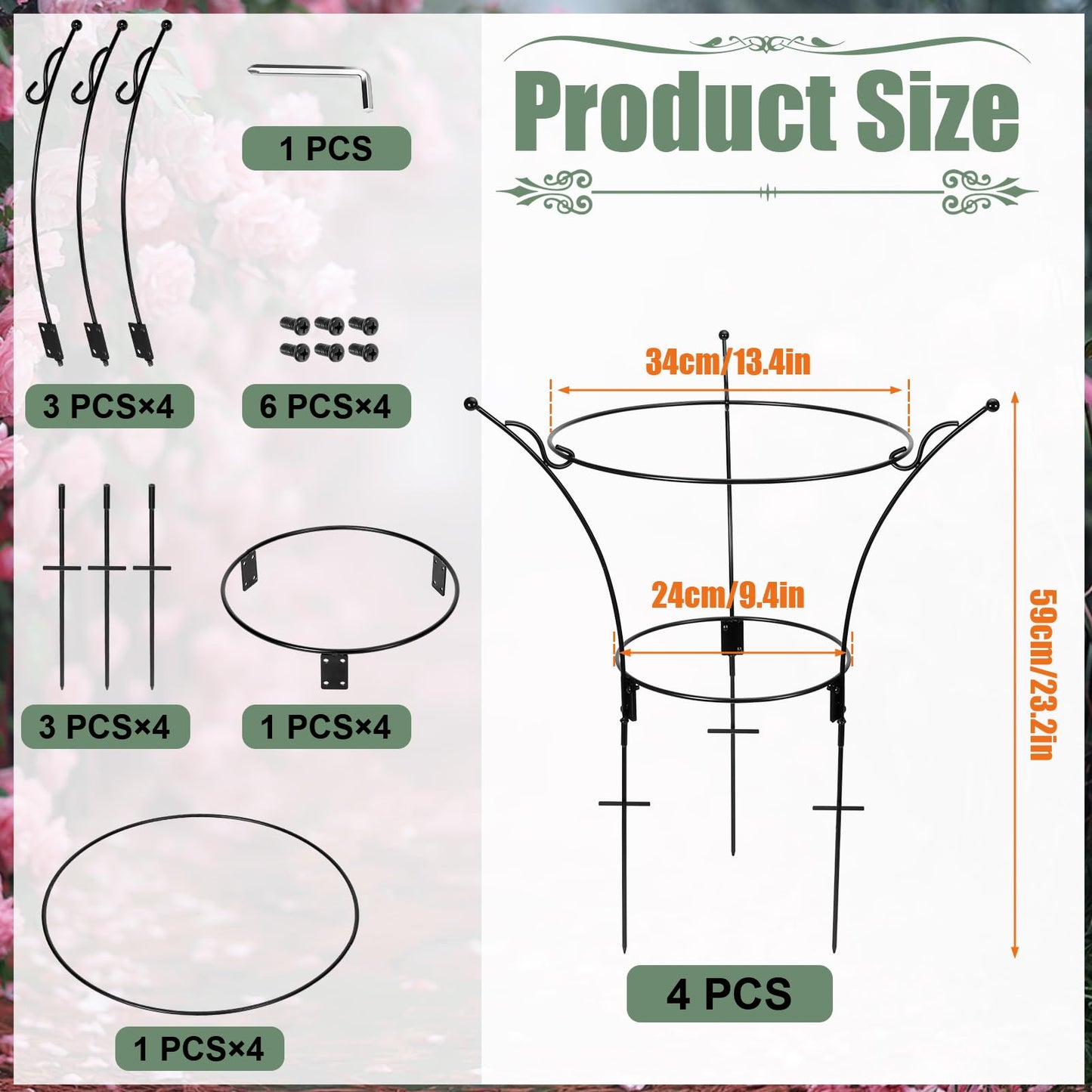 4 Pack Large Peony Cages and Supports,23.2" H X 13.4" D Metal Peony Support Rings,Tall Plant Support Garden Stakes for Outdoor Plants and Other Flopping Flowers