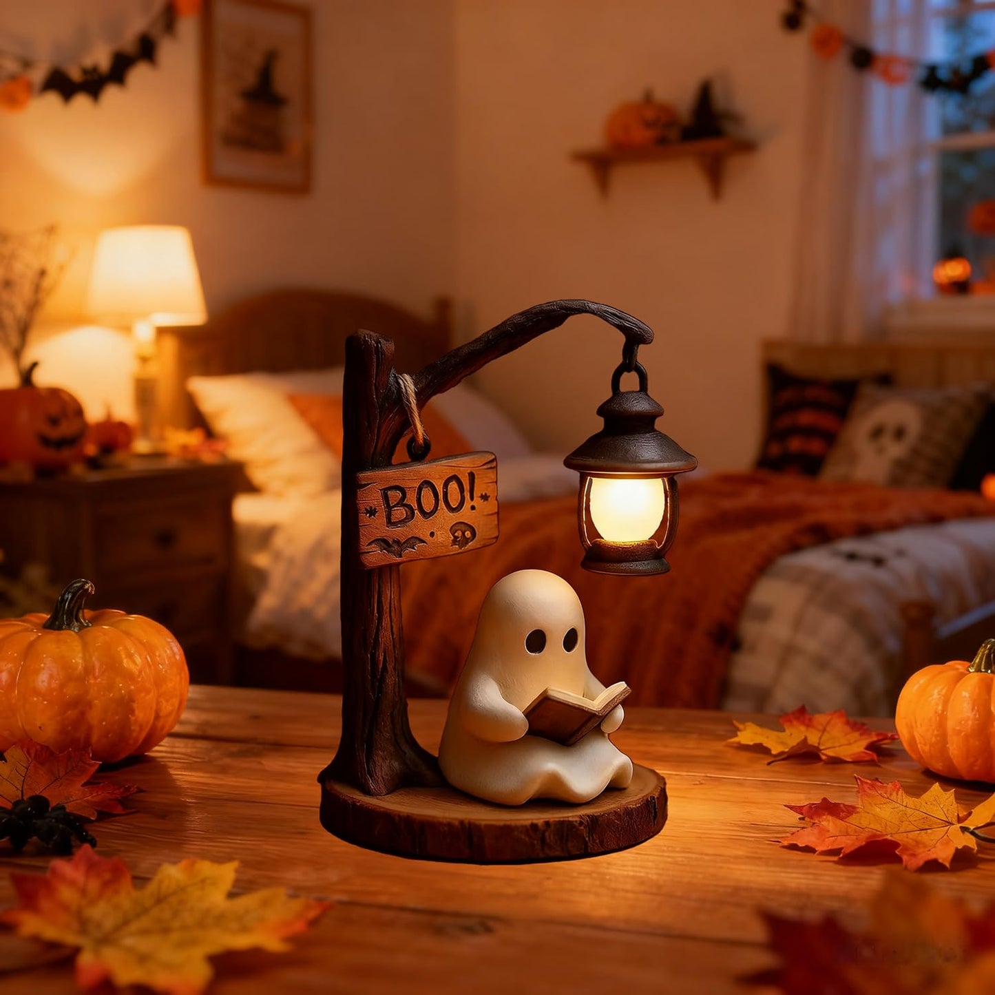 BRKYKGK Halloween Figurine Lamps, Cute Ghost Lamp Statue Night Light with Ghost Reading Book Designs, Indoor Party Decor Halloween Lamp for Home Table Room Kitchen Office Indoor Decorations