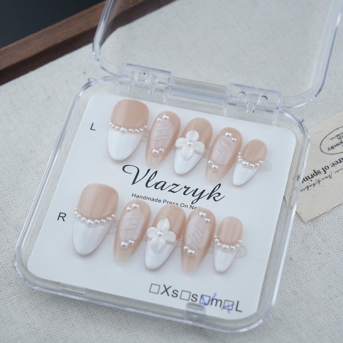 Handmade Press On Nails – Short Almond False Nails for Women, Reusable Acrylic White French Tip with Pearl & 3D Flowers Design – Salon Quality Fake Nails (10PCS Size S)