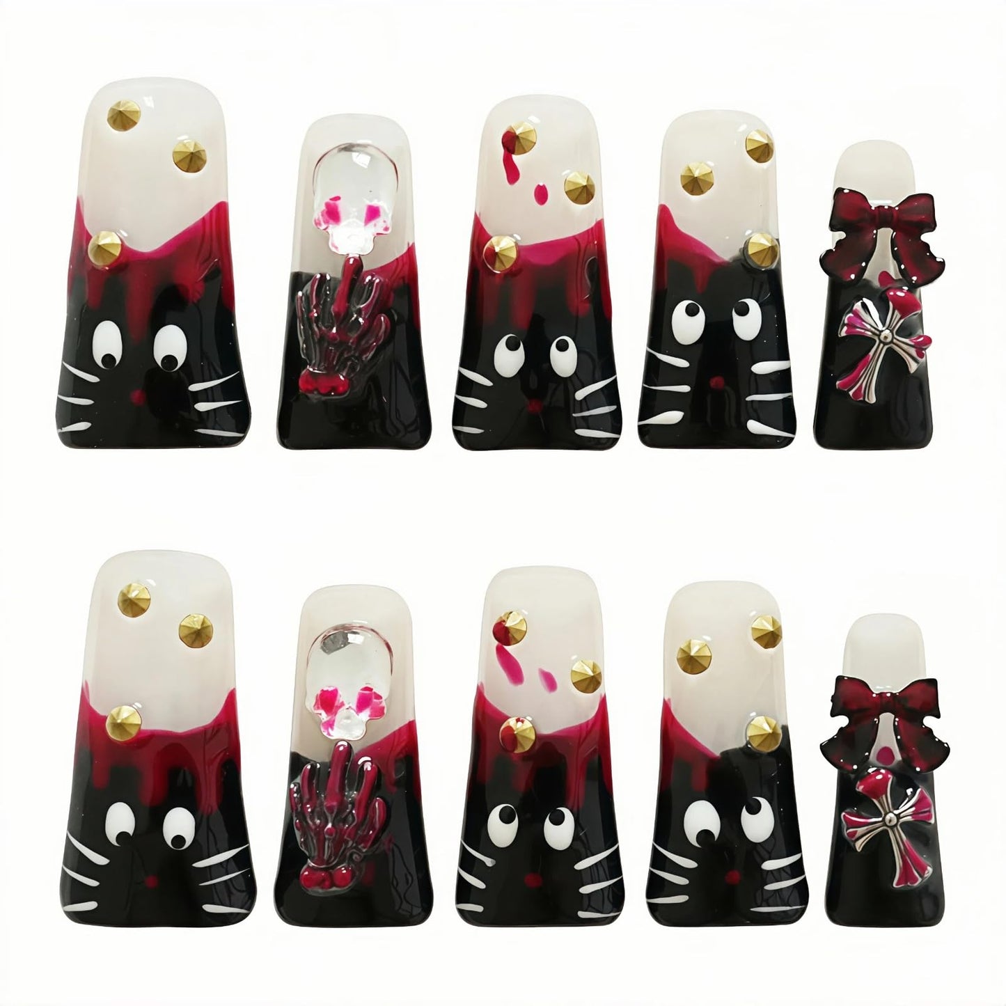 Tesytto Long Duck Gothic Cat Press On Nails - Y2K Red Drip, 3D Skull Cross Bow Charms, Reusable Acrylic Stick On Nails (Hand-Painted Cat, M)
