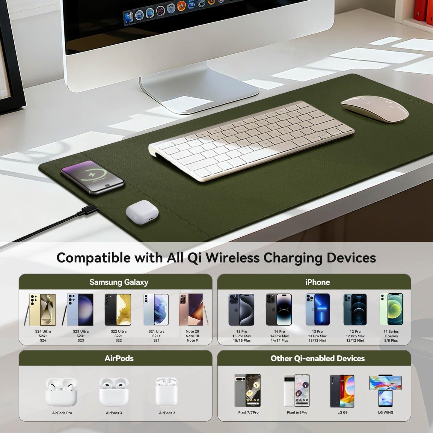 Hi-HONX Wireless Charging Mouse Pad, 15W Fast Charge Magnetic Charger Desk Pad, Large Office Desk Mat (35.4"x16.9") with Ultra-Smooth Surface, Military Green Computer Mousepad for MacBook, PC, Laptop