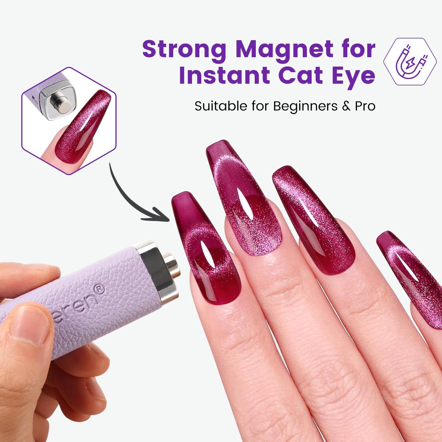 Quaferen Mini Handheld UV Light for Gel Nails with Stand, Rechargeable Flash Cure Nail Lamp with Auto Sensor, Cat Eye Magnet for Fast Drying at Home Salon (Purple)