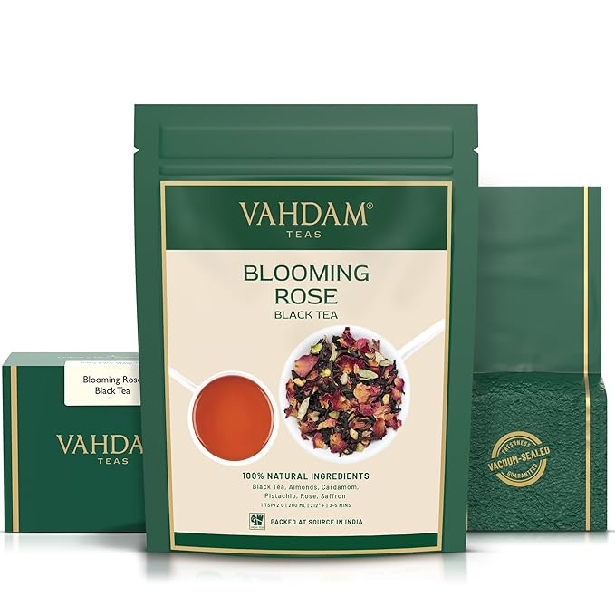 VAHDAM, Blooming Rose Black Tea - Premium Black Tea with Rose Petals (3.5oz) DELICIOUS & AROMATIC Black Tea Loose Leaf with Fragrant Rose Petals | Vacuum Sealed Pack