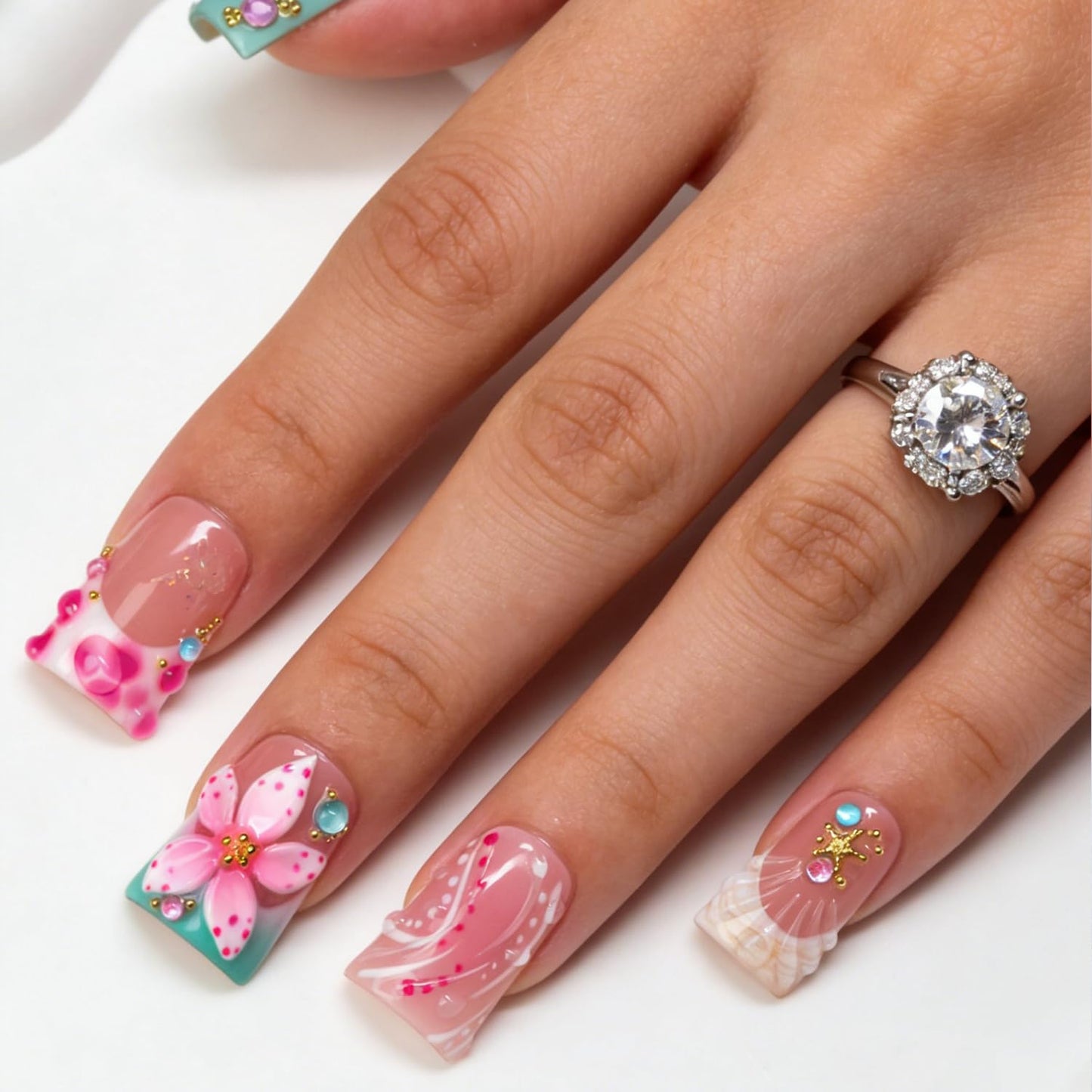 10 Pcs Handmade Press on Nails Duckbill Shape 3D Luxury Flower Acrylic Nails Summer Handmade Starfish Water Droplet Designs Short Fake Nails Thickened False Nail for Women (S)
