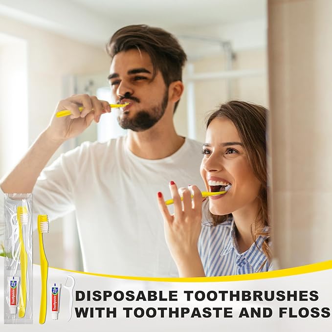 200pcs Disposable Toothbrushes with Toothpaste and Floss,Yellow Bulk Single Use Toothbrush Floss Pick Individually Wrapped Disposable Travel Toothbrushes Kit for Homeless,Airbnb,Hotel,Guest
