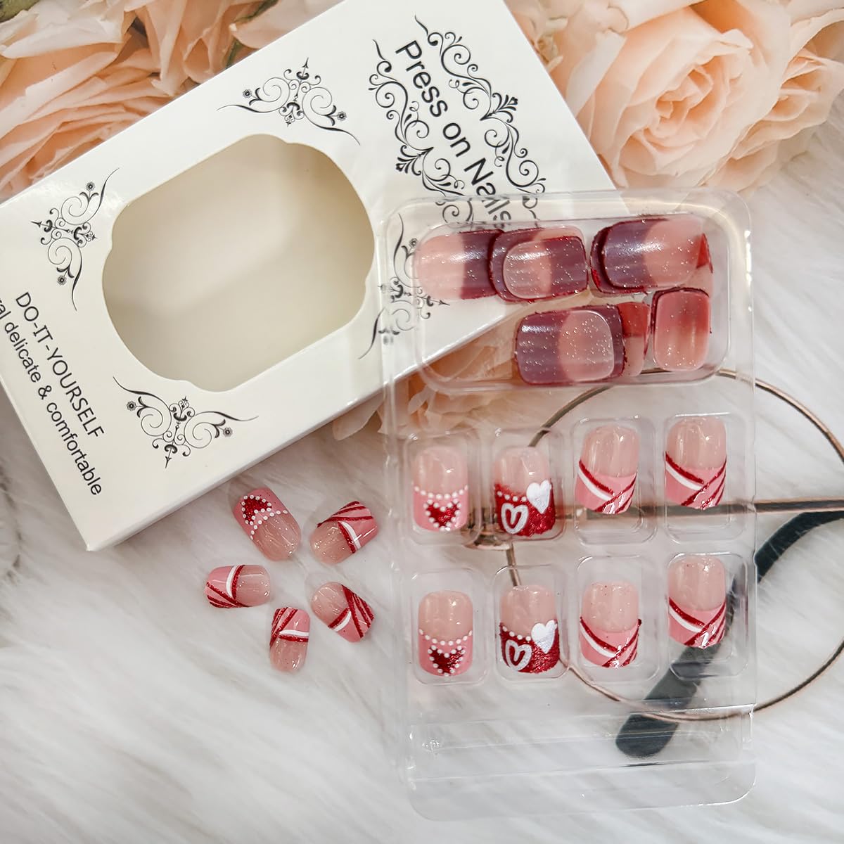 24Pcs Valentine's Day Press on Nails Short Square French Tip Fake Nails Pink Glitter False Nails Red Heart Artificial Nails Full Cover Glue on Nails Nude Stick on Nails Valentines Nails for Women DIY