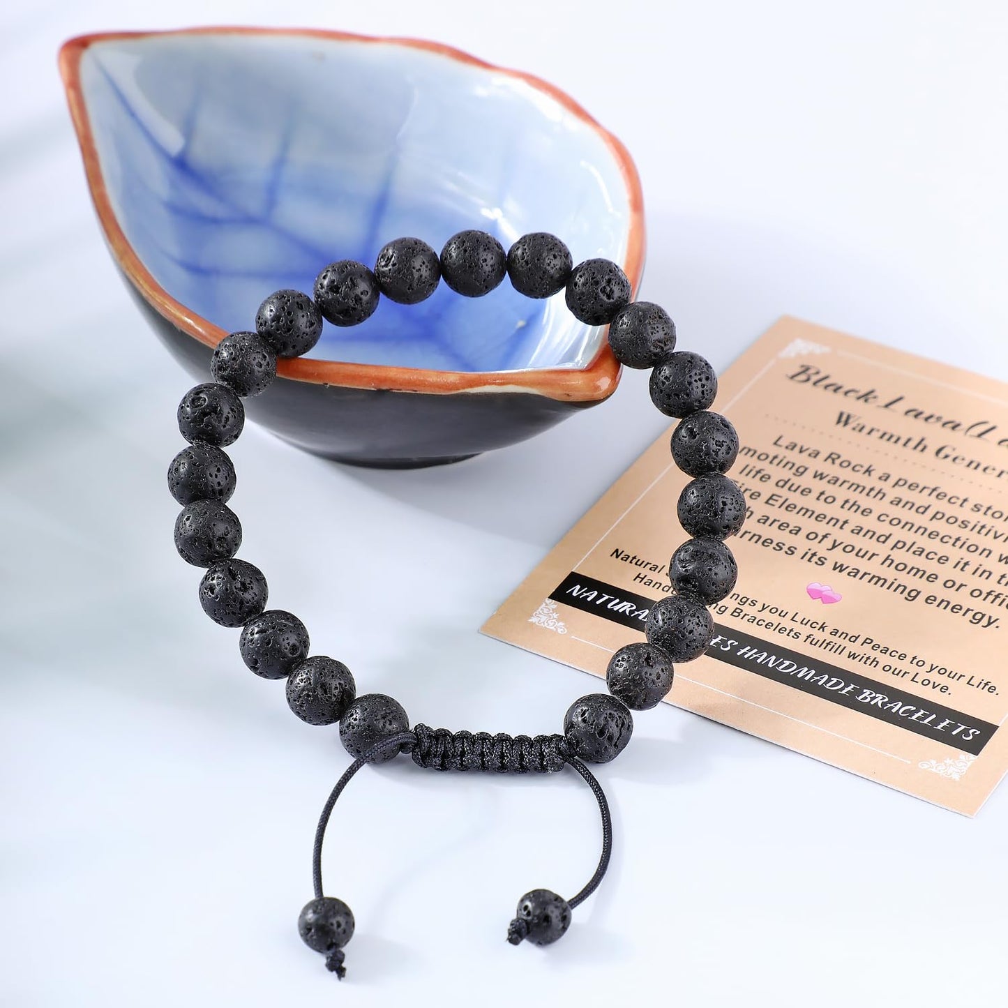 AD Beads 4mm Black Lava - Warmth Generator - Handmade Natural Stone Crystal Bracelet with Adjustable Macrame String - Yoga Healing Power Energy Gifts for Men and Women