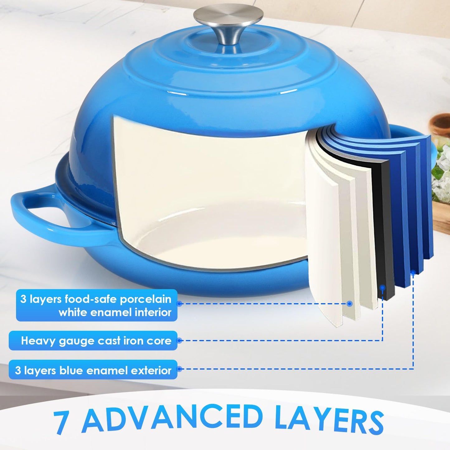 LIFERUN 6qt Enameled Cast Iron Dutch Oven for Sourdough Bread Baking, Non-Stick Dome-Shaped Bread Oven Pot with Lid, Silicone Handles and Scraper, Blue