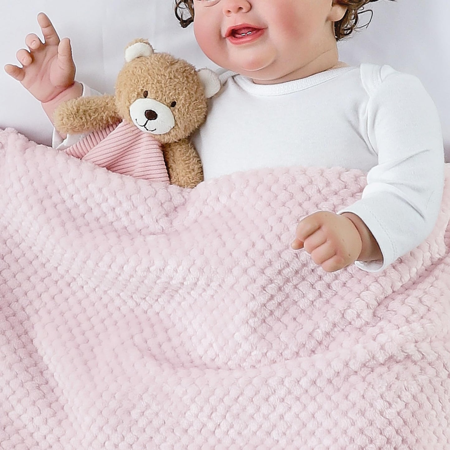 CREVENT 3-in-1 Baby Lovey Blanket with Teether & Rattle | Plush Chewable Animal Head Security Blanket, Birthday Gift - Pink Bear