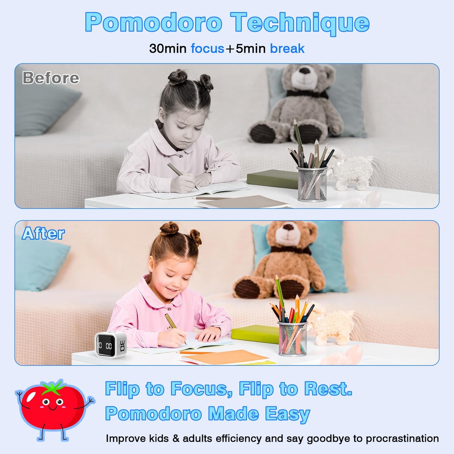Cube Pomodoro Timer, Smart Productivity Timer 5/10/30/60 Minutes & Custom Countdown, Pause & Resume, Adjustable & Silent Visual Timer, Portable Rotation Multi Desk Timer for Study Task Work Kitchen